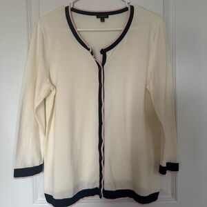 Talbots Cream Large Button Up Cardigan with Navy & Pink Trim
